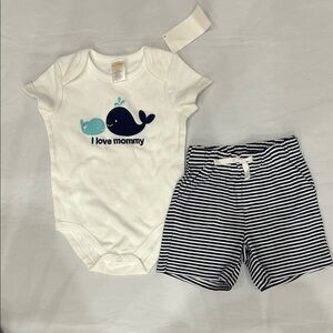 Gymboree White Onesie with Navy & Teal Whale and Navy Striped Shorts
